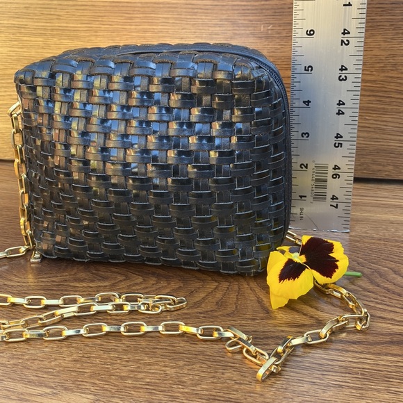 BLACK LEATHER WOVEN CROSSBODY  (GOLD CHAIN STRAP) - Picture 10 of 12
